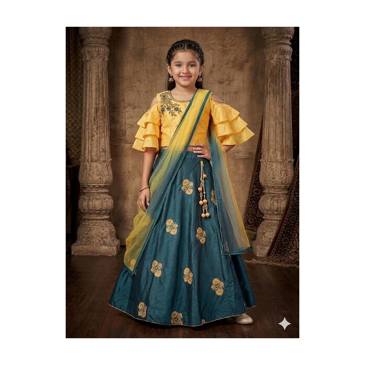 Girls Festive Lehenga Choli Set - Mustard Ruffle Blouse, Teal Zari Skirt & Ombre Dupatta #N9