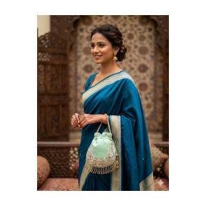May include: A woman wearing a teal saree with gold trim and a matching mint green drawstring bag. The bag is embellished with intricate embroidery and tassels. The saree is a rich, solid color, and the overall look is elegant and traditional.