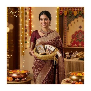 May include: A woman wearing a maroon and gold sari, holding a gold basket filled with perfume and small gift boxes. The sari has a detailed woven pattern. The background includes decorative lights and a table with candles and flowers.