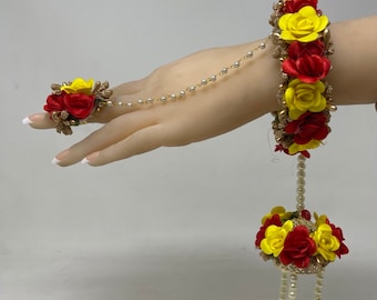Indian Red And Yellow Flower Gotta Bracelets With Ring Set F27