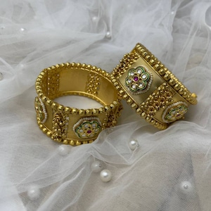 Gold Plated 2pc Openable Kada Bracelet With Pachi Kundan Available In Different Sizes