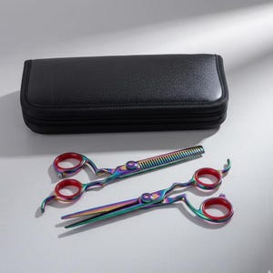 May include: A black zippered case with a pair of rainbow-colored shears and a pair of rainbow-colored thinning shears. The shears have red finger holes and are on a light gray surface.
