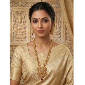 May include: A gold-toned necklace featuring a large, ornate, textured pendant with a small red stone at the base, paired with matching gold-toned jhumka earrings that each feature a single red stone drop, worn with a gold-toned patterned blouse.