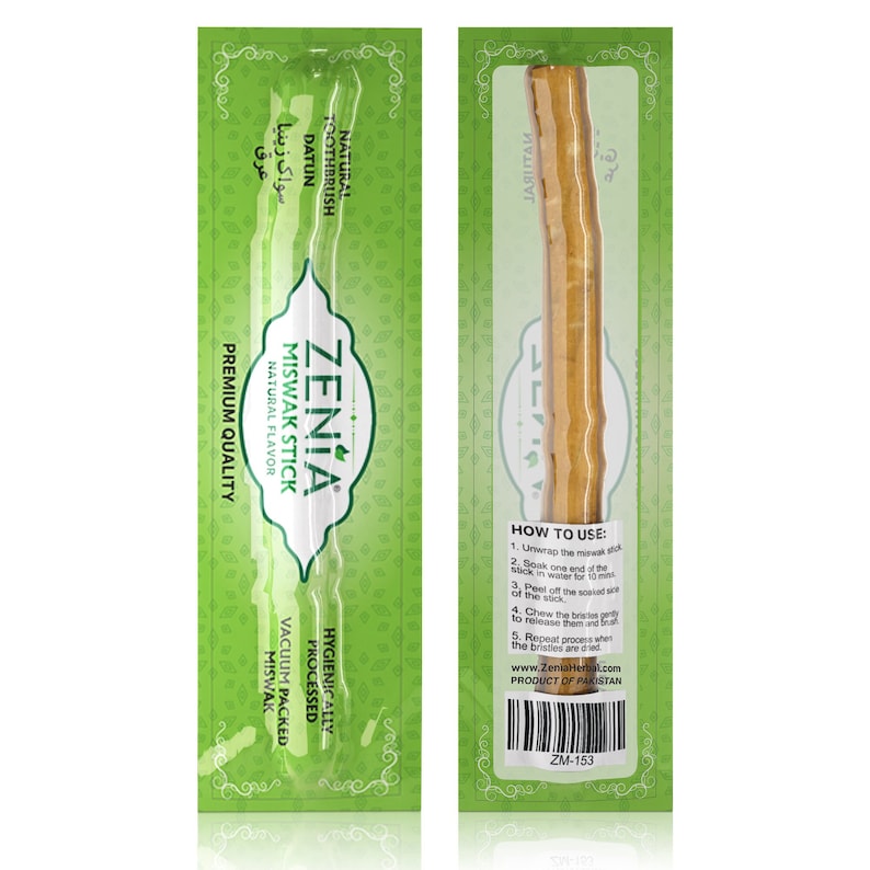 May include: A package of Zenia Miswak Sticks, a natural toothbrush made from the Salvadora persica tree. The package is green and white with the product name and instructions on how to use the sticks. The sticks are vacuum packed and hygienically processed. The package also includes the text "ZM-153".
