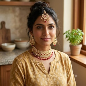 May include: A gold-toned jewelry set featuring a choker necklace, matching drop earrings, and a maang tikka headpiece. Each piece is adorned with intricate metalwork, clear white stones, and small red beads arranged in a decorative pattern.