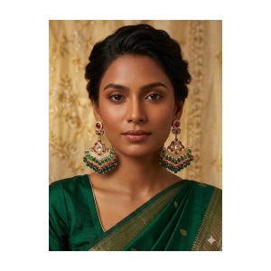 May include: Ornate gold-toned earrings with red and green gemstones. The earrings have a geometric design with a central red stone and are adorned with smaller green beads. The woman in the image is wearing a green top.