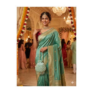 May include: A woman wearing a seafoam green sari with gold trim and a matching beaded purse. The sari has a subtle pattern and is draped elegantly. She is wearing jewelry, including a headpiece and necklace, and is smiling.