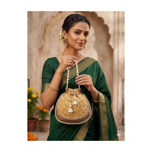 May include: A gold-colored, round drawstring bag with a floral pattern and pearl accents. The bag has a pearl handle and white tassels. The bag is held by a person wearing a green sari.