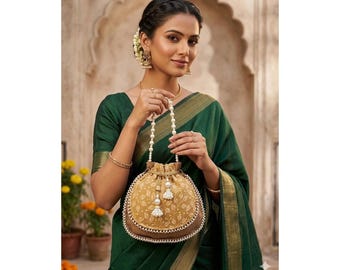 CL-19 Golden Embroidered Potli Bag with Pearl Detailing