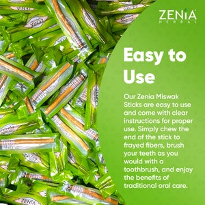 May include: A close-up image of a pile of individually packaged Zenia Miswak Sticks. The sticks are brown and are packaged in green and white wrappers with the text "Zenia Miswak Stick" printed on them. The text "Easy to Use" is written in large white letters on a green background. The text below reads "Our Zenia Miswak Sticks are easy to use and come with clear instructions for proper use. Simply chew the end of the stick to frayed fibers, brush your teeth as you would with a toothbrush, and enjoy the benefits of traditional oral care."
