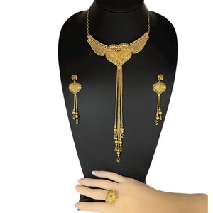 24k Gold Plated Necklace Earrings and Finger Ring Set Indian Jewelry #5850-3