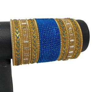Indian Ferozi Blue With Gold Metal Bangle Set Churiya Chudiya 2.4, 2.6 And 2.8 J4