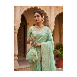 May include: A mint green saree with gold embroidery and a matching purse. The saree features intricate patterns and a decorative border. The purse has a pearl handle and tassel accents. The woman is wearing a matching blouse and jewelry.