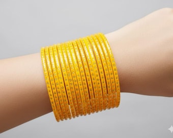 Chulbuli Handcrafted Haldi Yellow Glass Bangles Set, Indian Churiyan, Sizes 2.4-2.8