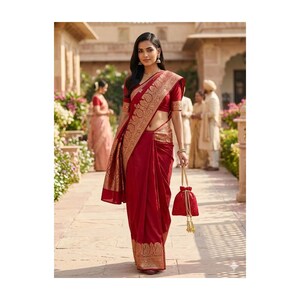 May include: A woman wearing a deep red sari with gold patterned borders and accents. The sari is draped elegantly, and she carries a matching red purse with gold tassels. The background features a stone walkway and architectural details.