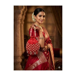 May include: A red satin drawstring bag adorned with white pearl-like beads in a floral pattern. The bag has a pearl-beaded handle and is held by a person wearing a red sari and gold jewelry.