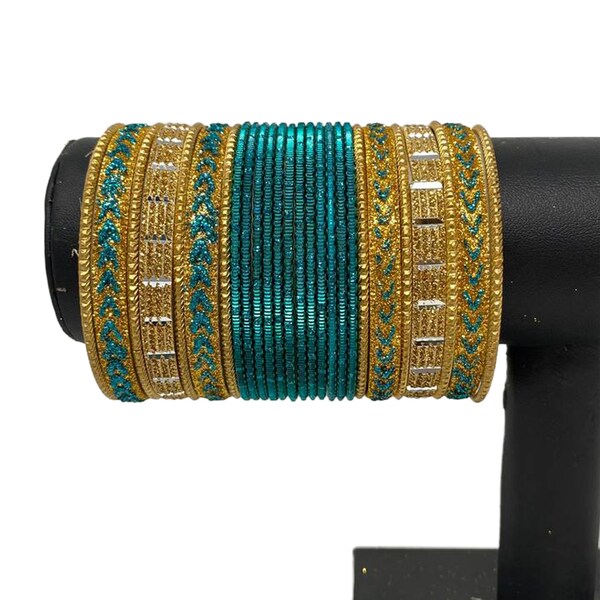 Indian Teal With Gold Metal Bangle Set Churiya Chudiya 2.4, 2.6 And 2.8 J13