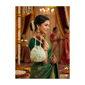 May include: A woman in a green sari holds a light green drawstring bag with gold embroidery and a pearl handle. The bag is adorned with gold floral patterns and a beaded trim. She wears gold earrings and a necklace. The background features floral decorations.