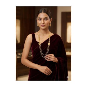 May include: A woman wearing a gold necklace and matching earrings. The necklace has multiple strands of small beads and decorative pendants. The woman is wearing a burgundy velvet top.