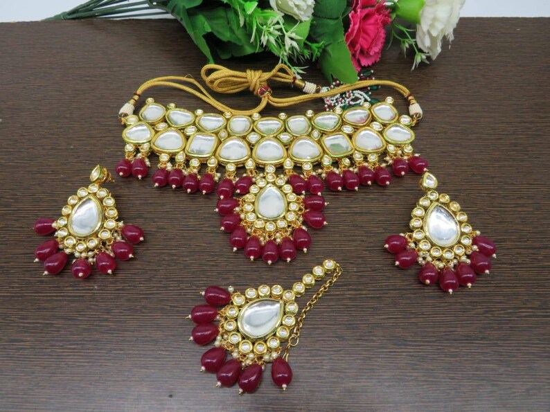 Gold discount Plated Real Kundan Set With Earring, MangTikka, Red Beads And Back meenakari KU13