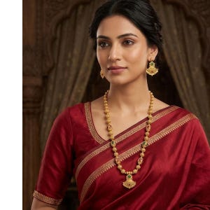 May include: A gold necklace featuring spherical beads and a fan-shaped pendant with small green and red accents, paired with matching fan-shaped drop earrings. The jewelry is worn with a deep red garment featuring intricate gold border detailing.