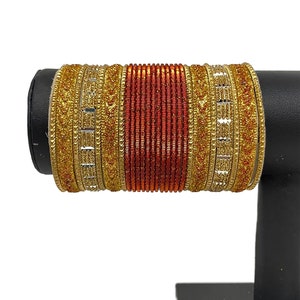Indian Orange With Gold Metal Bangle Set Churiya Chudiya 2.4, 2.6 And 2.8 J19