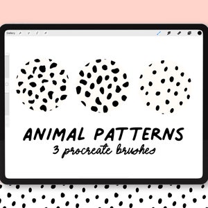 May include: A digital illustration of three black and white animal print patterns on a white background. The text "ANIMAL PATTERNS 3 procreate brushes" is below the patterns.