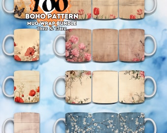 100 Floral Boho Mug Wrap Designs: 11oz 15oz Sublimation (Digital Download)