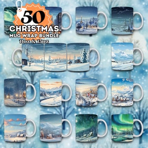 50 Christmas Mug Wrap Designs: Watercolor Winter Scenes (Digital Download)