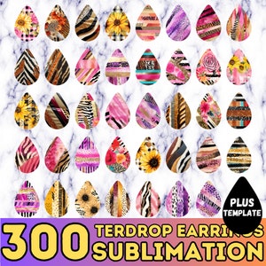 May include: 300 sublimation designs for teardrop earrings. The designs feature a variety of patterns, including animal prints, floral patterns, and geometric designs. The designs are in a variety of colors, including pink, purple, yellow, and brown.