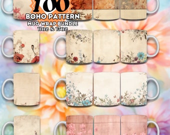 100 Floral Boho Mug Wrap Designs: 11oz 15oz Sublimation (Digital Download)
