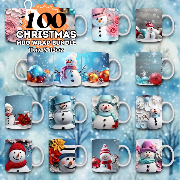 100 3D Bonhomme de neige Mug Wrap Christmas Bundle Sublimation Designs PNG, 11oz et 15oz Mug Template, 3D Christmas Mug Wrap, Winter Mug Design