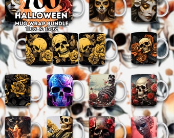 100 3D Halloween Mug Wrap Bundle, Halloween Designs, 11 oz 15 oz Mug Wrap Design, Skull Mug, Rose Sublimation Designs, Digital Download