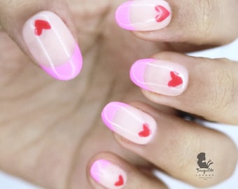 Valentines Pink French With Hearts Press On Nails | Nails | False Nails | Fake Nails | Stick On Nails | Short Oval