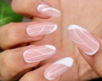 French White Abstract Press On Nails  | Nails | False Nails | Fake Nails | Stick On Nails | Long Oval