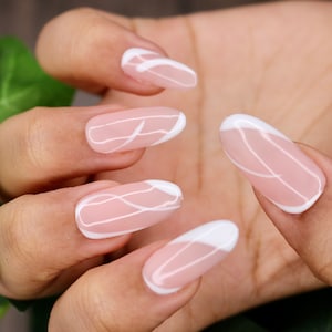 French White Abstract Press On Nails  | Nails | False Nails | Fake Nails | Stick On Nails | Long Oval
