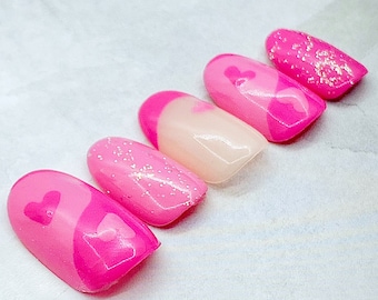 Half & Half Pink Heart Glitter French Valentines Press On Nails | Nails | False Nails | Fake Nails | Stick On Nails | Short Oval