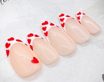 Shimmer Heart White French Classic Press On Nails | Nails | False Nails | Fake Nails | Stick On Nails | Medium Almond