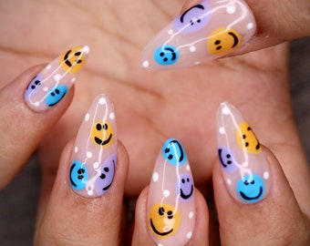 Positive Smile Happy Multi Coloured Press On Nails | Nails | False Nails | Fake Nails | Stick On Nails | Medium Almond