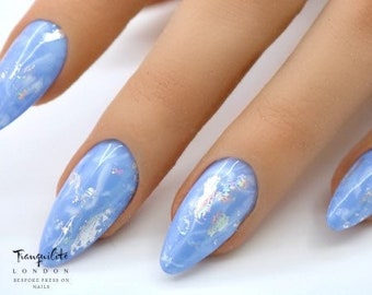 Baby Blue Marble Silver Foiling Press On Nails | Nails | False Nails | Fake Nails | Stick On Nails | Medium Almond