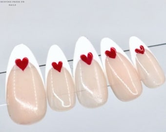 Classic White French With Red Love Heart Press On Nails | Valentines Nails | False Nails | Fake Nails | Stick On Nails | Medium Almond