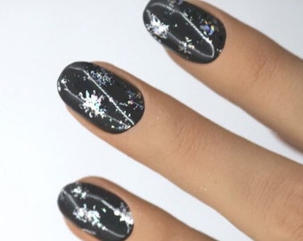 Black Silver Foiling Press On Nails | Nails | False Nails | Fake Nails | Stick On Nails | Luxury Nails | Shape Manicure | Short Oval