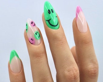 Matcha Green Smile French With Bubblegum Pink Press On Nails | Nails | False Nails | Fake Nails | Stick On Nails | Medium Almond