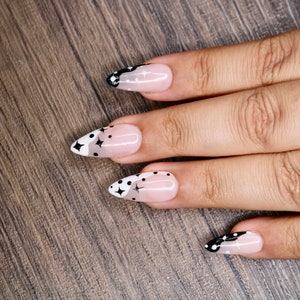 Magical Star Black & White Press On Nails Nails False Nails Fake Nails Stick On Nails Medium Almond image 3