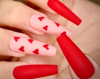 Matte Red With Love Heart Nail Art On Accent Press On Nails | Nails | False Nails | Fake Nails | Stick On Nails | Long Coffin