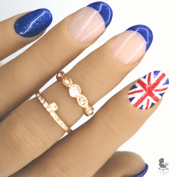 Français Union Jack Flag Blue Glitter Press On Nails | Ongles | Faux ongles | Faux ongles | Stick On Nails | Ovale court