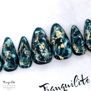Forest Green Marble With Foiling Press On Nails | Nails | False Nails | Fake Nails | Stick On Nails | Medium Almond