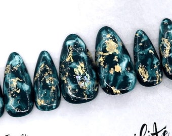 Forest Green Marble With Foiling Press On Nails | Nails | False Nails | Fake Nails | Stick On Nails | Medium Almond