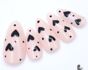 Pink Black Hearts Valentines Inspired Press On Nails | Nails | False Nails | Fake Nails | Stick On Nails | Medium Almond