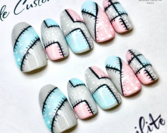 Cute Patch Design Blue Pink Dotted Stitch Press On Nails | Nails | False Nails | Fake Nails | Stick On Nails | Spring Summer | Long Oval